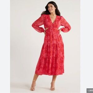 Sofia by Sofia Vergara Red Long Sleeve V-Neck Sundress Cutout A Line Size L